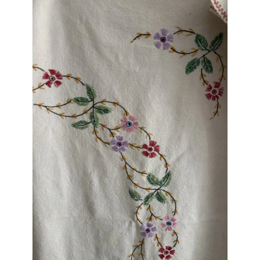 Vintage Hand Embroidery Cotton Table Cloth Floral 37x34” Square Ivory